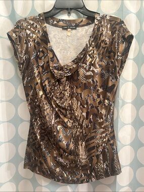 Cable & Gauge Brown and Black Animal-Print Draped Front Blouse